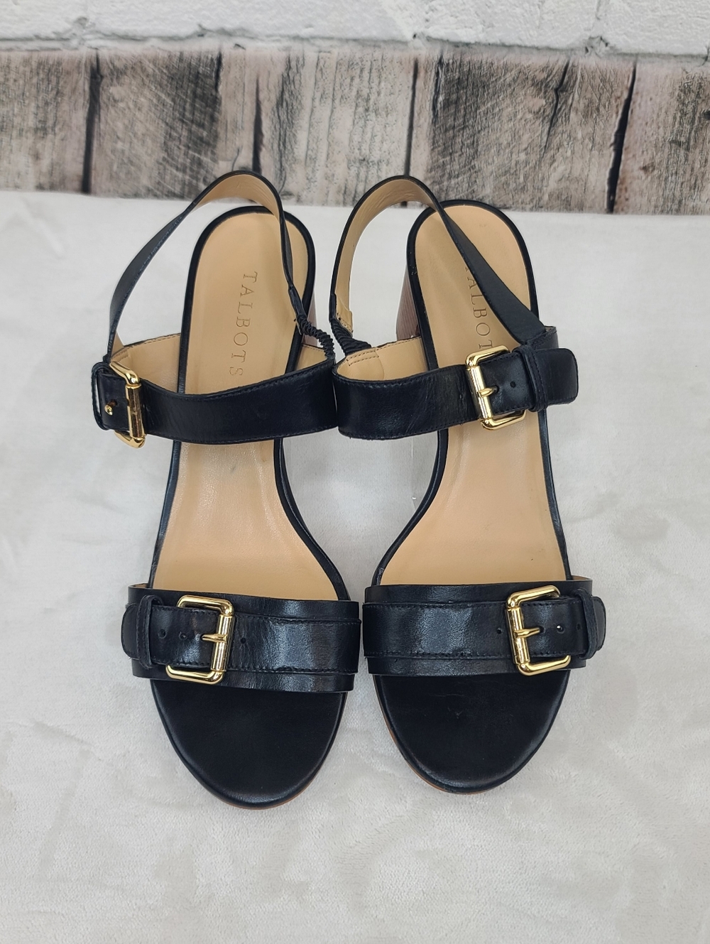 Talbots Lea Strappy Double Buckle Leather Slingback Stacked Heel Sandal Black